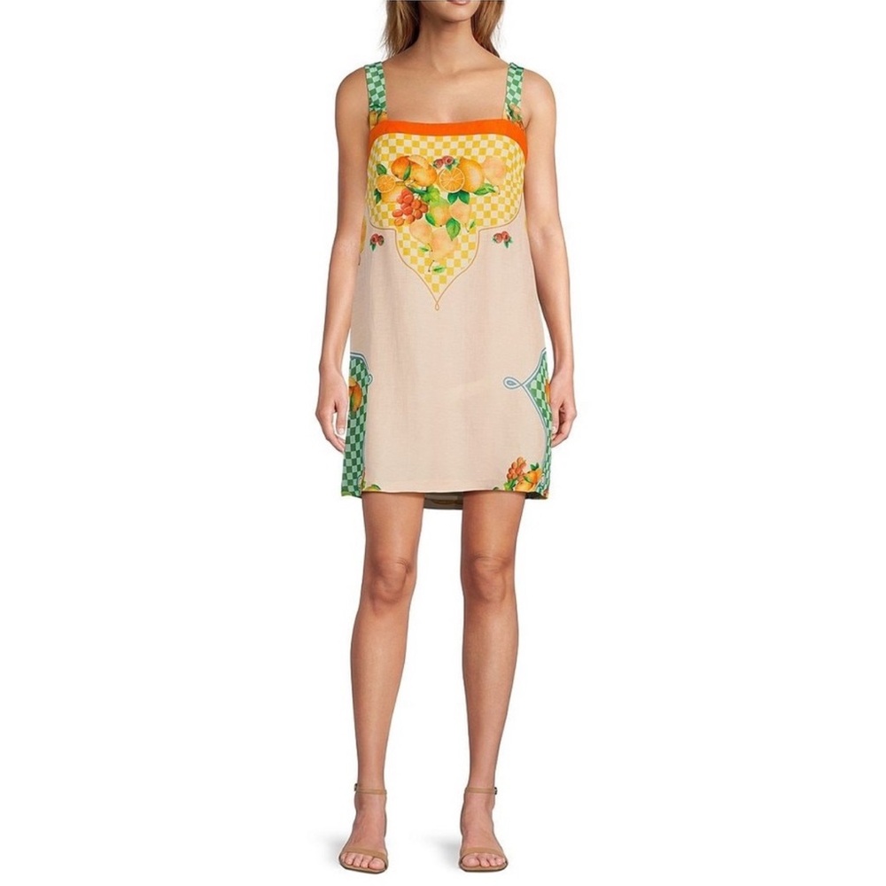 NWT Antonio MelaniEliana Fruit Printed Linen Square Neck Sleeveless Dress
